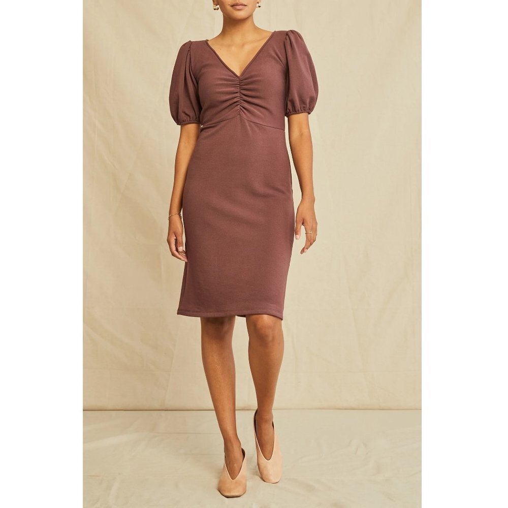 NWT Amour Vert Tinsley Luxe Fleece‎ V Neck Puff Sleeve Midi Dress